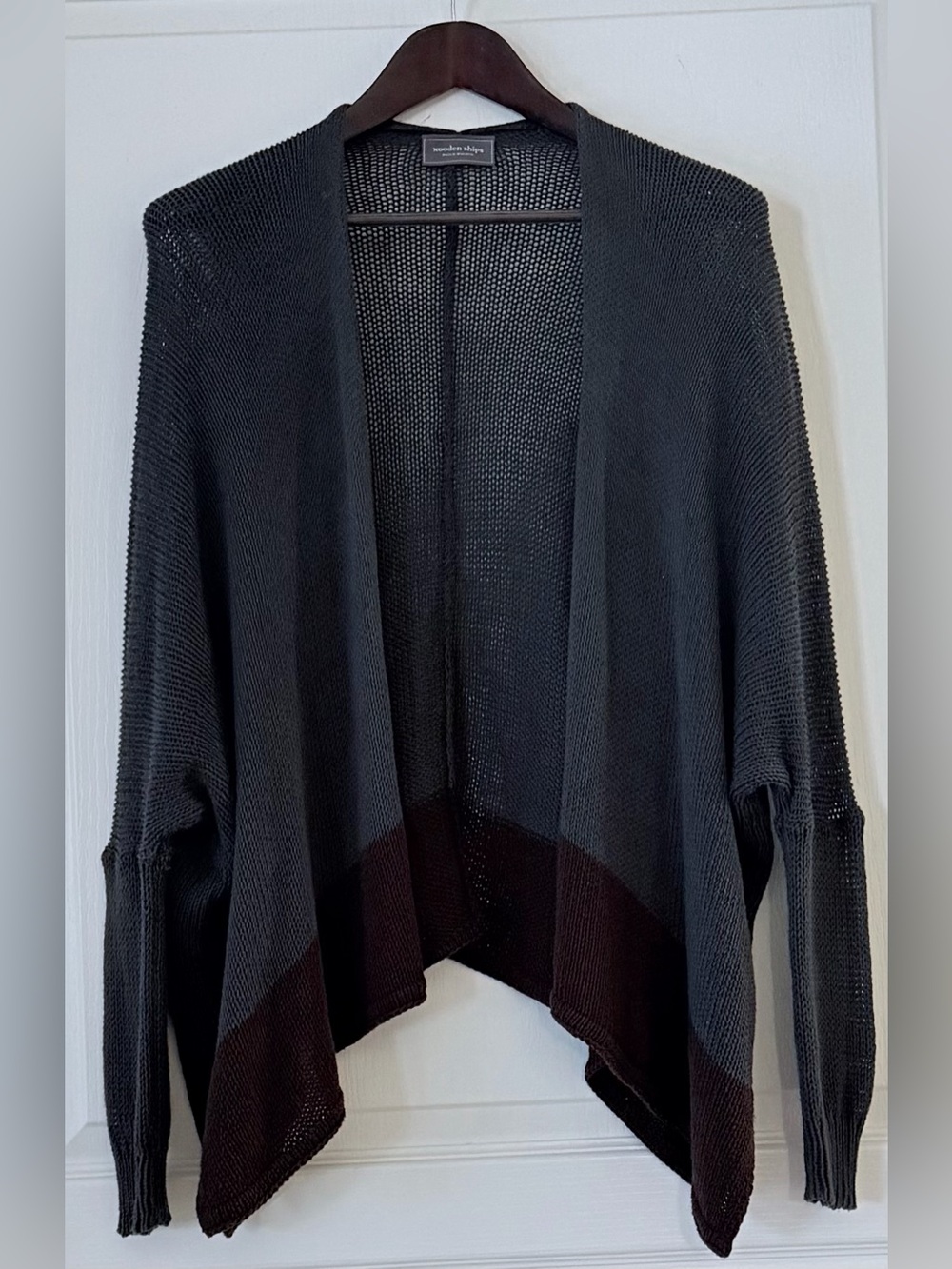 Wooden Ships Black Open-Front Knit Cardigan with Dark Brown Hem